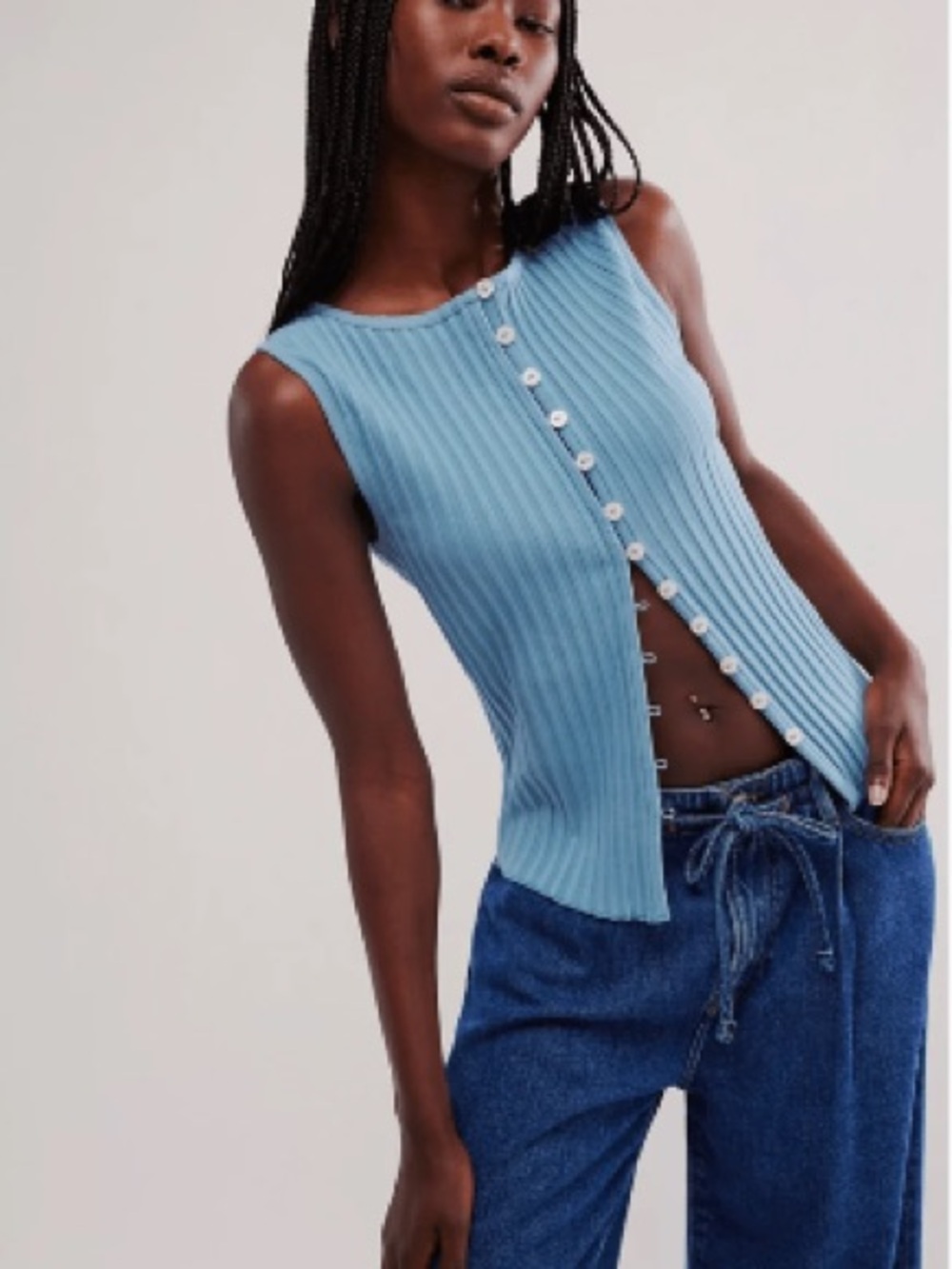 Free People Tilly Vest - Sleeveless Ribbed Button-Front Top in Slate Blue - Picture 2 of 7